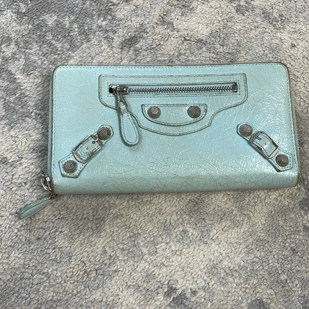 Balenciaga Zip Around Classic Continental Long Wallet Baby Blue Leather